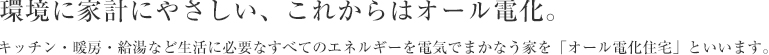 環境に家計にやさしい、これからはオール電化。 キッチン・暖房・給湯など生活に必要なすべてのエネルギーを電気でまかなう家を「オール電化住宅」といいます。